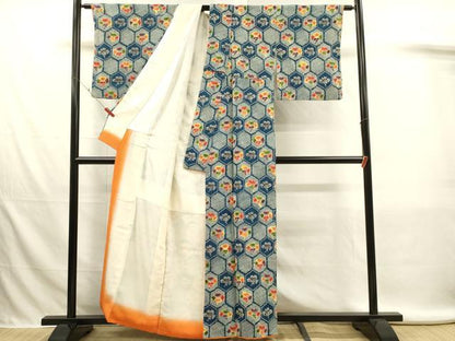 平和屋着物■上質な小紋　亀甲花文　鬼しぼ縮緬　正絹　逸品　DABL0032qp