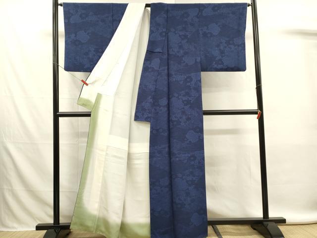 平和屋着物■上質な小紋　藍　型染め　草花文　正絹　逸品　DABL0067qp