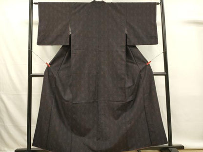 平和屋着物■上質な紬　麻の葉文様　黒地　正絹　逸品　DABL0092qp
