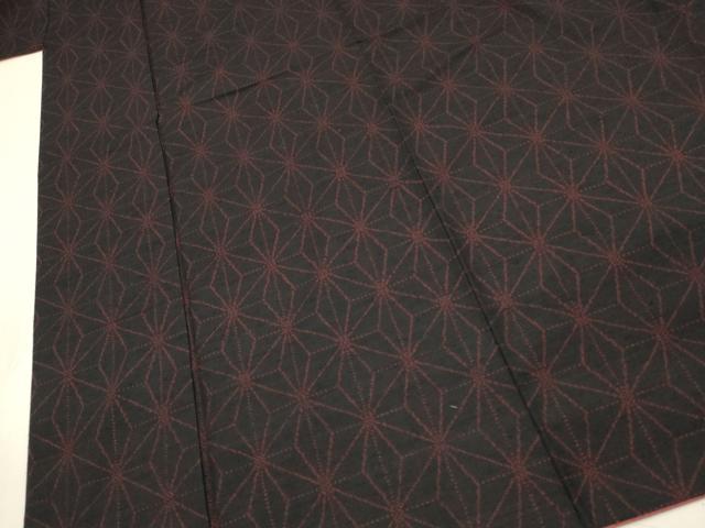 平和屋着物■上質な紬　麻の葉文様　黒地　正絹　逸品　DABL0092qp