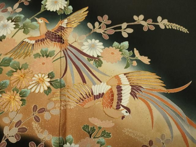 平和屋着物■豪華黒留袖　作家物　駒刺繍　扇面鳳凰花文　暈し染め　金彩　正絹　逸品　DABL0547ya