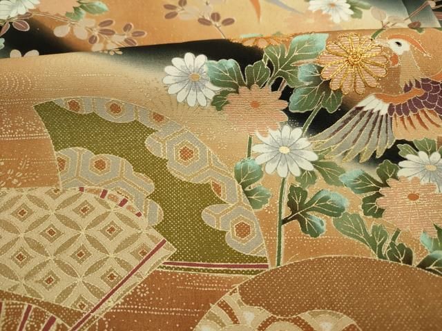 平和屋着物■豪華黒留袖　作家物　駒刺繍　扇面鳳凰花文　暈し染め　金彩　正絹　逸品　DABL0547ya