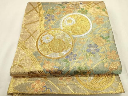 平和屋着物◎両面　六通柄袋帯　花丸文　黒地　金銀糸　正絹　逸品　DABL0571ya