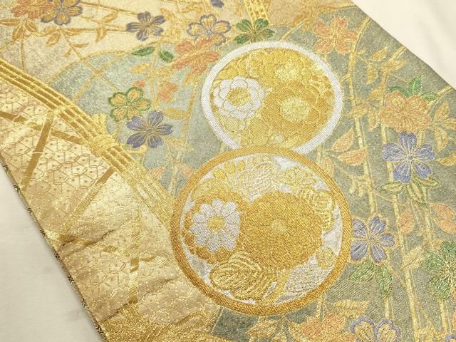 平和屋着物◎両面　六通柄袋帯　花丸文　黒地　金銀糸　正絹　逸品　DABL0571ya