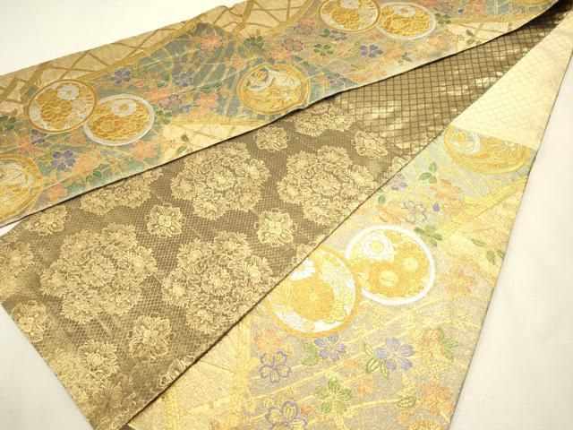 平和屋着物◎両面　六通柄袋帯　花丸文　黒地　金銀糸　正絹　逸品　DABL0571ya