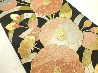 平和屋着物◎六通柄袋帯　高砂　草花文　黒地　金銀糸　正絹　逸品　DABL0572ya