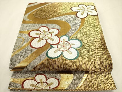 平和屋着物◎全通柄袋帯　唐織　全通楽織　流水梅文　金銀糸　正絹　逸品　DABL0575ya
