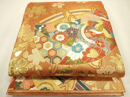 平和屋着物◎佐賀錦　六通柄袋帯　唐織　糸車　吉祥鳳凰花蝶文　金糸　正絹　逸品　DABL0576ya