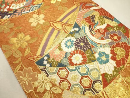 平和屋着物◎佐賀錦　六通柄袋帯　唐織　糸車　吉祥鳳凰花蝶文　金糸　正絹　逸品　DABL0576ya