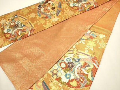 平和屋着物◎佐賀錦　六通柄袋帯　唐織　糸車　吉祥鳳凰花蝶文　金糸　正絹　逸品　DABL0576ya