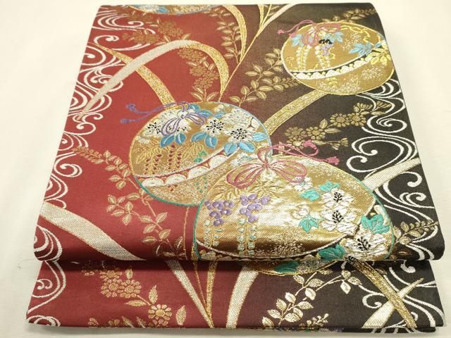 平和屋着物◎六通柄袋帯　唐織　花鞠文　金銀糸　正絹　逸品　DABL0577ya