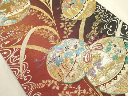 平和屋着物◎六通柄袋帯　唐織　花鞠文　金銀糸　正絹　逸品　DABL0577ya