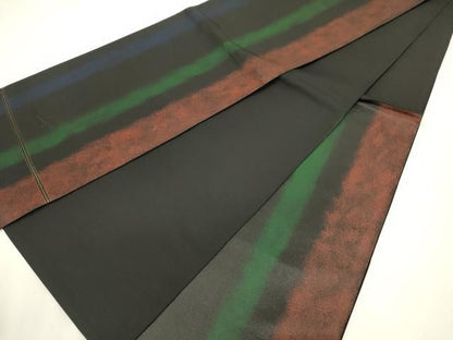 平和屋着物◎六通柄袋帯　霞間道　黒地　正絹　逸品　DABL0578ya