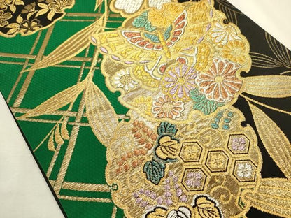 平和屋着物◎六通柄袋帯　雪輪舞蝶花文　黒地　金銀糸　正絹　逸品　DABL0580ya