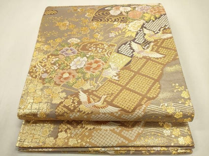 平和屋着物◎六通柄袋帯　扇面飛鶴花文　金糸　やまと誂製　正絹　逸品　DABL0583ya
