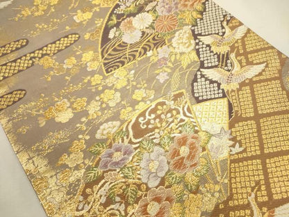 平和屋着物◎六通柄袋帯　扇面飛鶴花文　金糸　やまと誂製　正絹　逸品　DABL0583ya