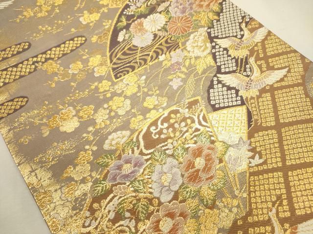 平和屋着物◎六通柄袋帯　扇面飛鶴花文　金糸　やまと誂製　正絹　逸品　DABL0583ya