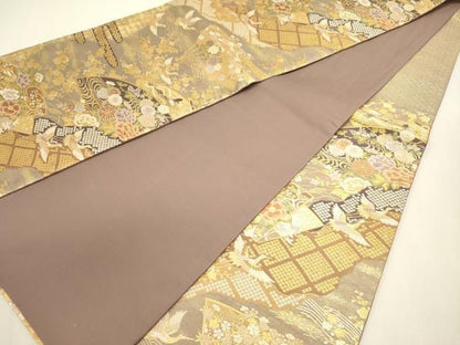 平和屋着物◎六通柄袋帯　扇面飛鶴花文　金糸　やまと誂製　正絹　逸品　DABL0583ya