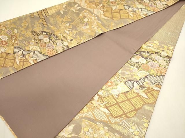 平和屋着物◎六通柄袋帯　扇面飛鶴花文　金糸　やまと誂製　正絹　逸品　DABL0583ya