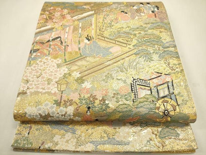 平和屋着物◎全通柄袋帯　御所車　人物風景花松文　金糸　正絹　逸品　DABL0585ya