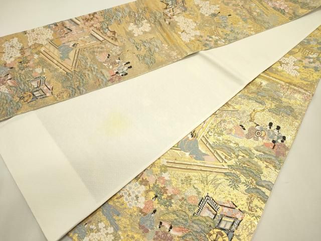 平和屋着物◎全通柄袋帯　御所車　人物風景花松文　金糸　正絹　逸品　DABL0585ya