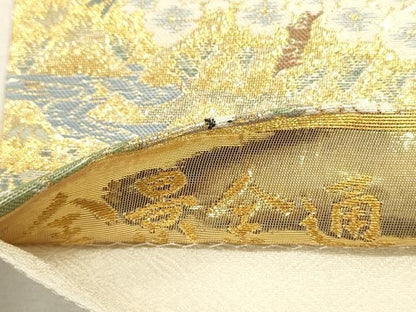 平和屋着物◎全通柄袋帯　御所車　人物風景花松文　金糸　正絹　逸品　DABL0585ya