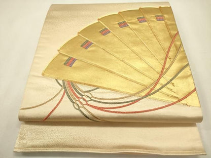 平和屋着物◎太鼓柄袋帯　駒刺繍　檜扇　金彩　正絹　逸品　DABL0594ya