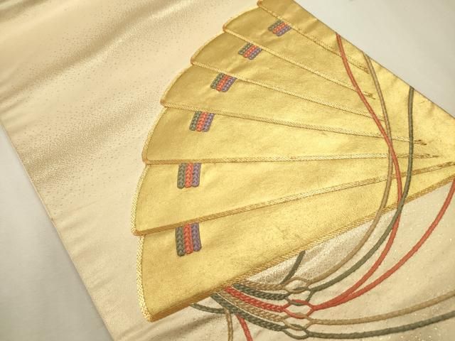 平和屋着物◎太鼓柄袋帯　駒刺繍　檜扇　金彩　正絹　逸品　DABL0594ya