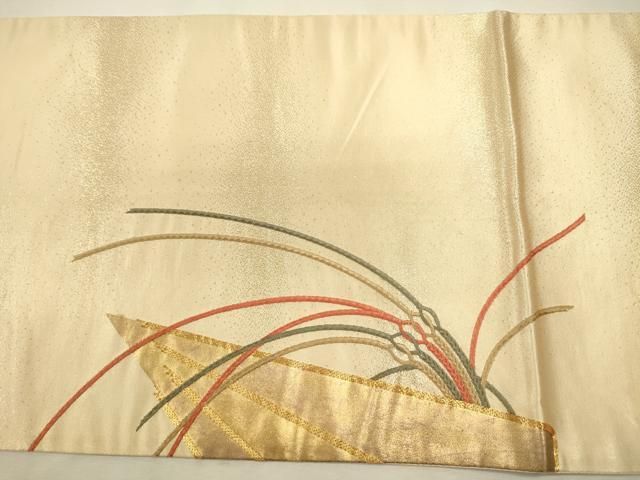 平和屋着物◎太鼓柄袋帯　駒刺繍　檜扇　金彩　正絹　逸品　DABL0594ya