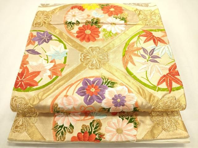 平和屋着物◎六通柄袋帯　唐織　花丸文　金糸　正絹　逸品　DABL0595ya