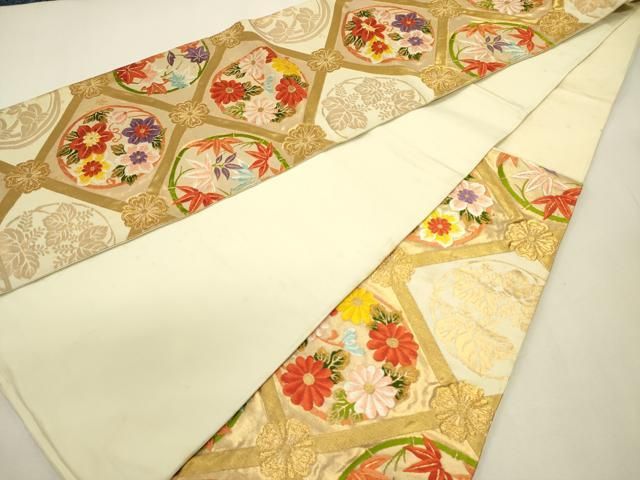 平和屋着物◎六通柄袋帯　唐織　花丸文　金糸　正絹　逸品　DABL0595ya