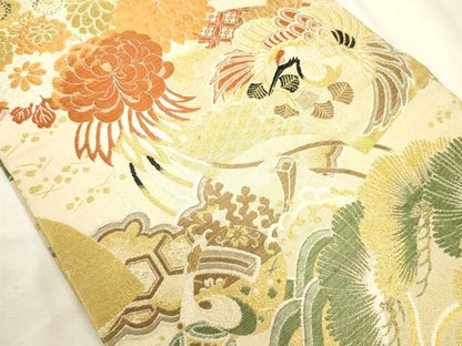 平和屋着物◎アンティーク　大正ロマン　丸帯　唐織　飛鶴花文　打ち出の小槌　金糸　正絹　逸品　DABL0620ya