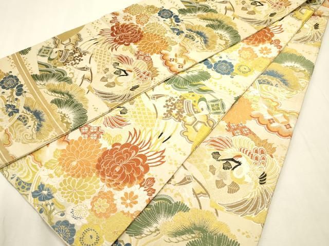 平和屋着物◎アンティーク　大正ロマン　丸帯　唐織　飛鶴花文　打ち出の小槌　金糸　正絹　逸品　DABL0620ya