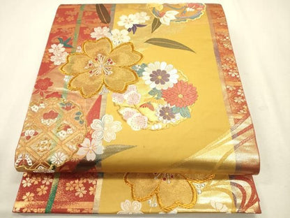 平和屋着物◎両面　六通柄袋帯　唐織　雪輪花文　金銀糸　正絹　逸品　DABL0624ya