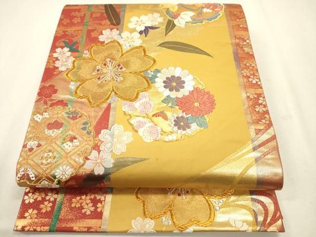 平和屋着物◎両面　六通柄袋帯　唐織　雪輪花文　金銀糸　正絹　逸品　DABL0624ya