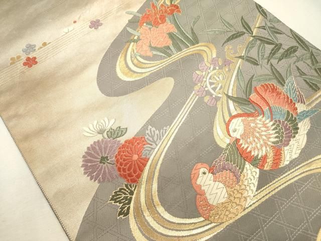 平和屋着物◎六通柄袋帯　唐織　流水鴛鴦花文　金糸　正絹　逸品　DABL0628ya