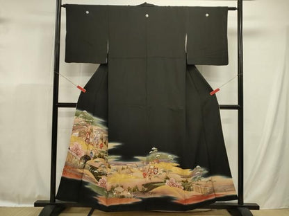 平和屋着物■豪華黒留袖　駒刺繍　御所車人物風景花松文　暈し染め　金彩　正絹　逸品　DABL0643ya