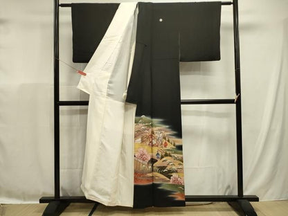 平和屋着物■豪華黒留袖　駒刺繍　御所車人物風景花松文　暈し染め　金彩　正絹　逸品　DABL0643ya