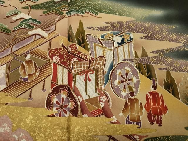 平和屋着物■豪華黒留袖　駒刺繍　御所車人物風景花松文　暈し染め　金彩　正絹　逸品　DABL0643ya