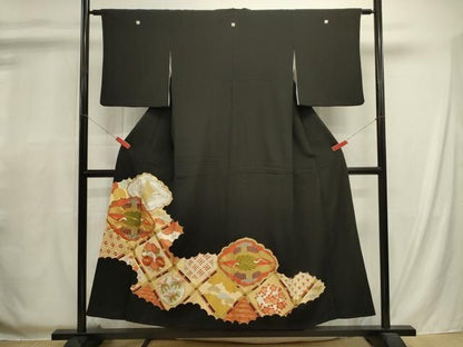 平和屋着物■豪華黒留袖　駒刺繍　双鶴菱花文　金彩　正絹　逸品　DABL0690ya