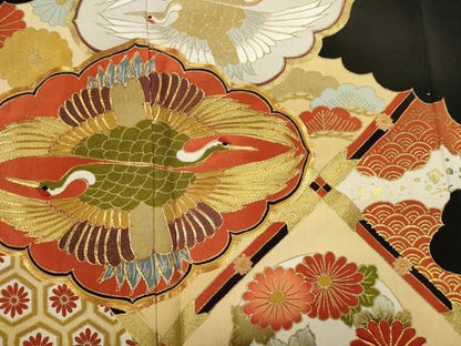 平和屋着物■豪華黒留袖　駒刺繍　双鶴菱花文　金彩　正絹　逸品　DABL0690ya