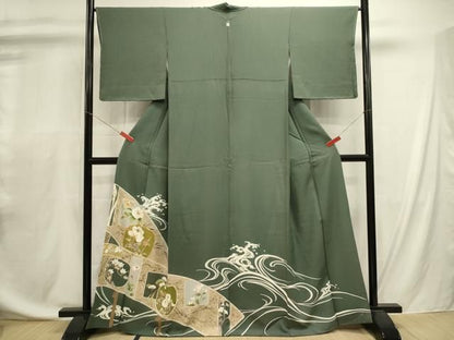 平和屋着物■豪華色留袖　駒刺繍　立波花文　金彩　正絹　逸品　DABL0709ya