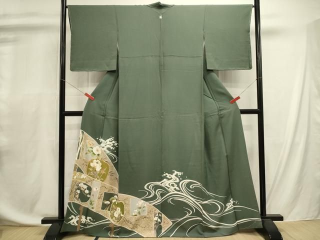 平和屋着物■豪華色留袖　駒刺繍　立波花文　金彩　正絹　逸品　DABL0709ya