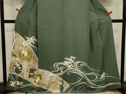 平和屋着物■豪華色留袖　駒刺繍　立波花文　金彩　正絹　逸品　DABL0709ya