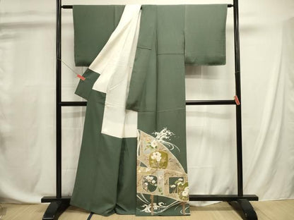 平和屋着物■豪華色留袖　駒刺繍　立波花文　金彩　正絹　逸品　DABL0709ya