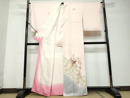 平和屋着物●訪問着　駒刺繍　扇面草花文　暈し染め　金彩　正絹　逸品　DABL1004ud