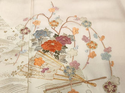 平和屋着物●訪問着　駒刺繍　扇面草花文　暈し染め　金彩　正絹　逸品　DABL1004ud