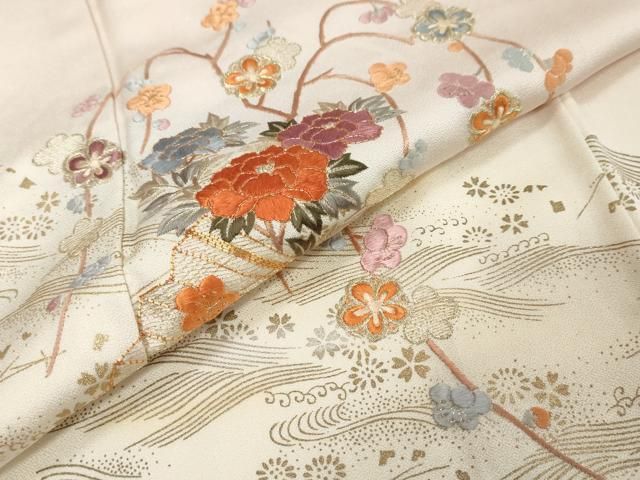 平和屋着物●訪問着　駒刺繍　扇面草花文　暈し染め　金彩　正絹　逸品　DABL1004ud