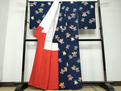 平和屋着物●上質な小紋　型染め　草花文　鬼しぼ縮緬　正絹　逸品　DABL1005ud
