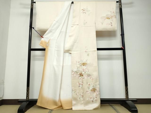 平和屋着物●訪問着　駒刺繍　吉澤友禅　雪輪草花文　金彩　鈴乃屋扱い　反端付き　正絹　逸品　DABL1008ud